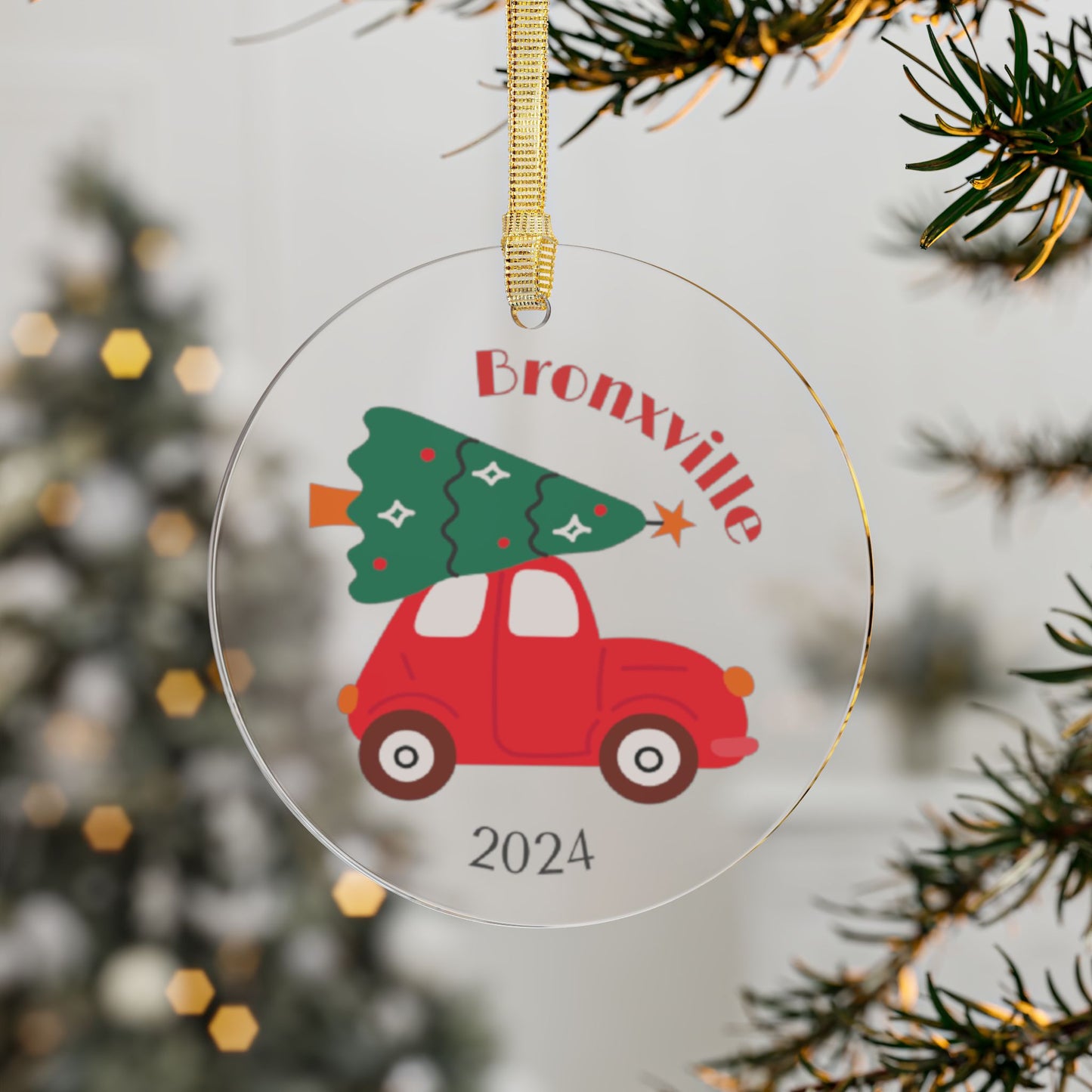 Bronxville Red Car and Tree Acrylic Ornament - 2024