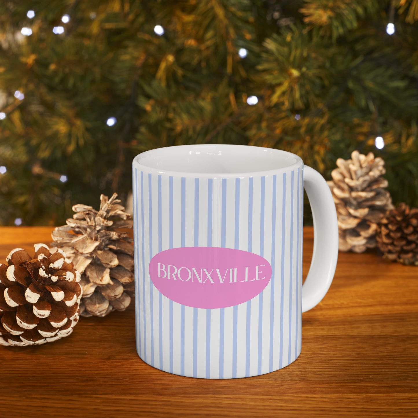 Bronxville Pinstriped Pink Logo Ceramic Mug 11oz